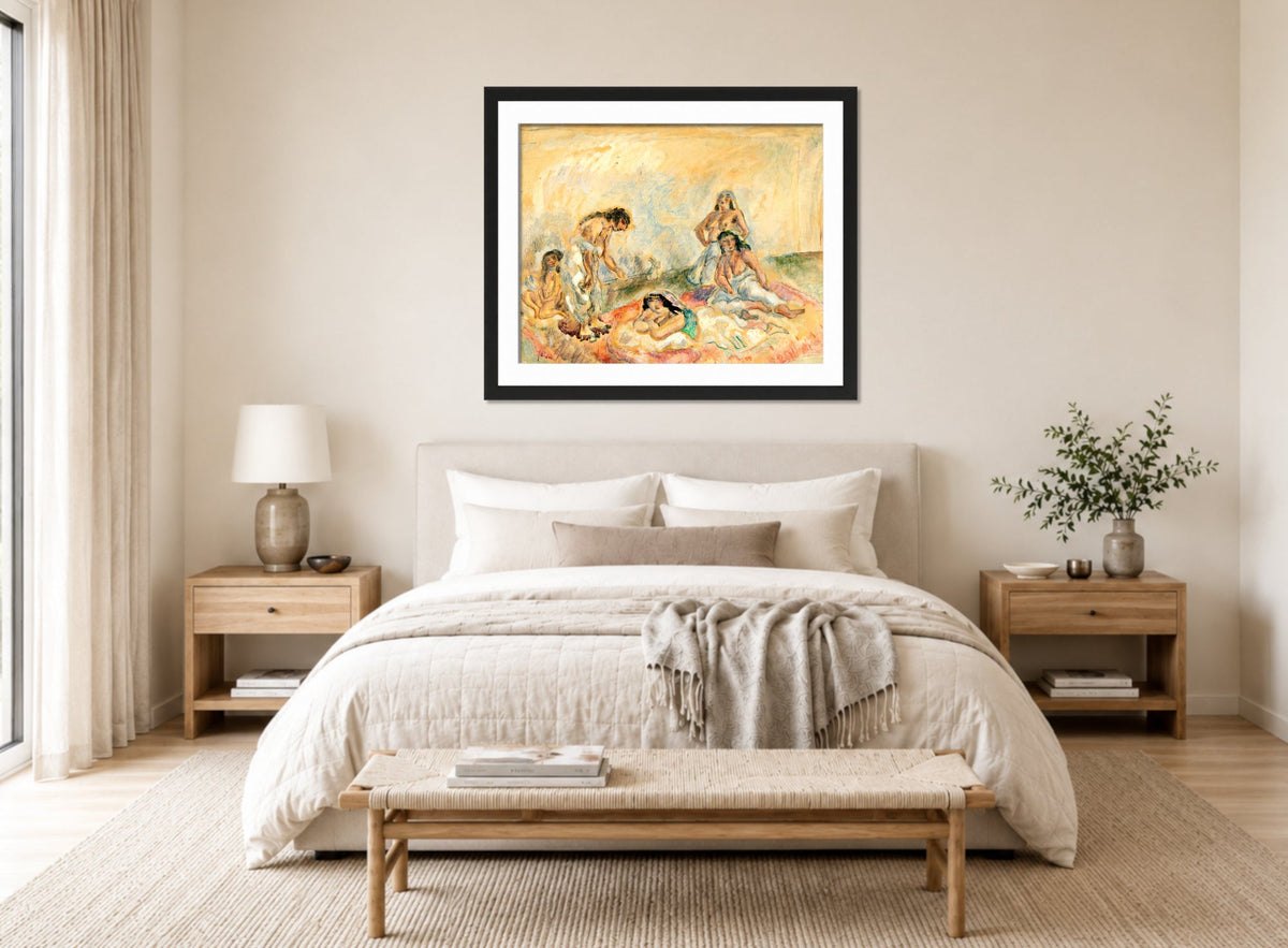 Jules Pascin Print, Femmes au salon (1908) displayed above a bed