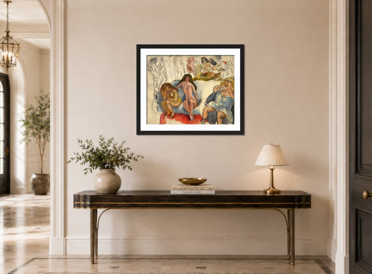 Jules Pascin Print, Femmes Galantes (circa 1911) displayed above a console table