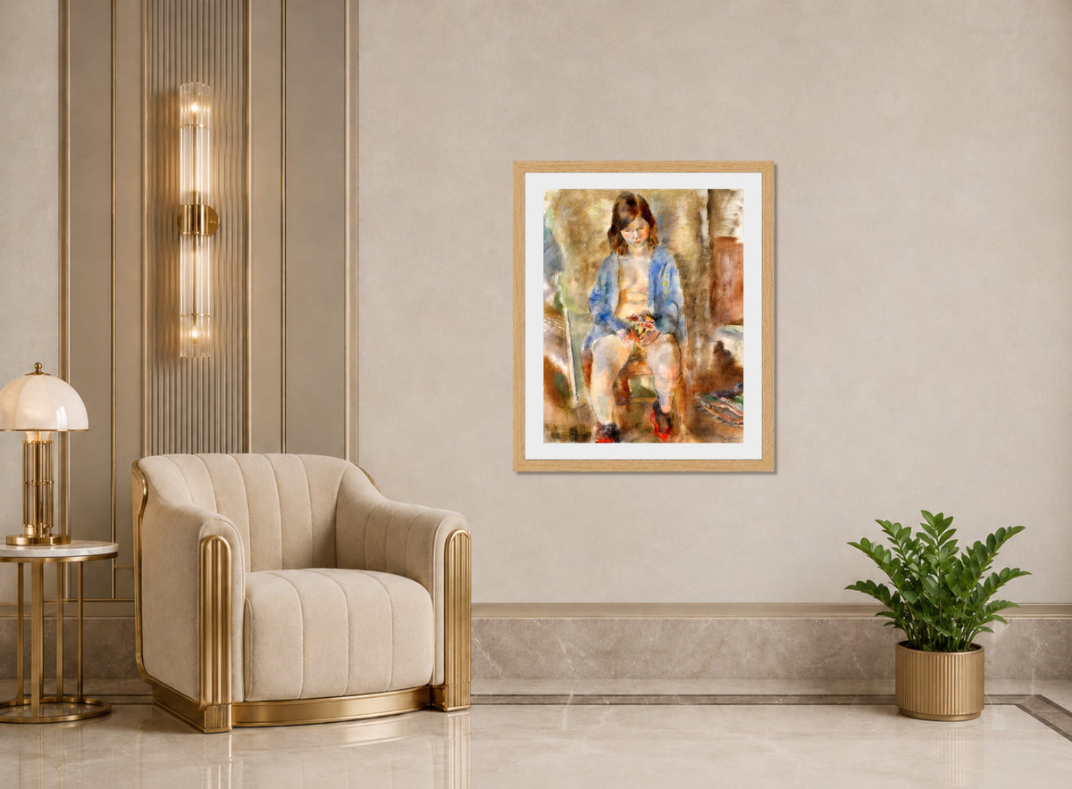 Jules Pascin Print, Flora aux fleurs (1928) displayed in an Art Deco interior