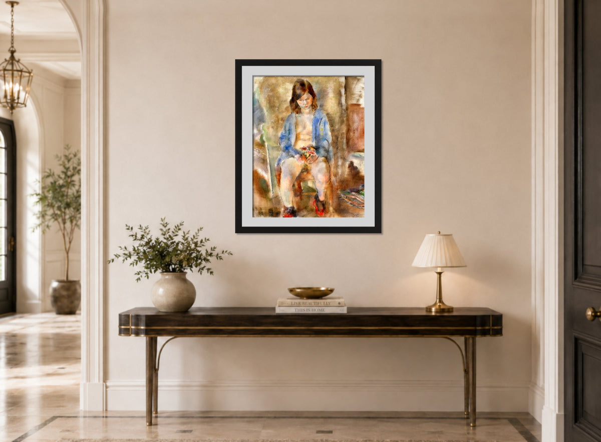 Jules Pascin Print, Flora aux fleurs (1928) displayed above a console table