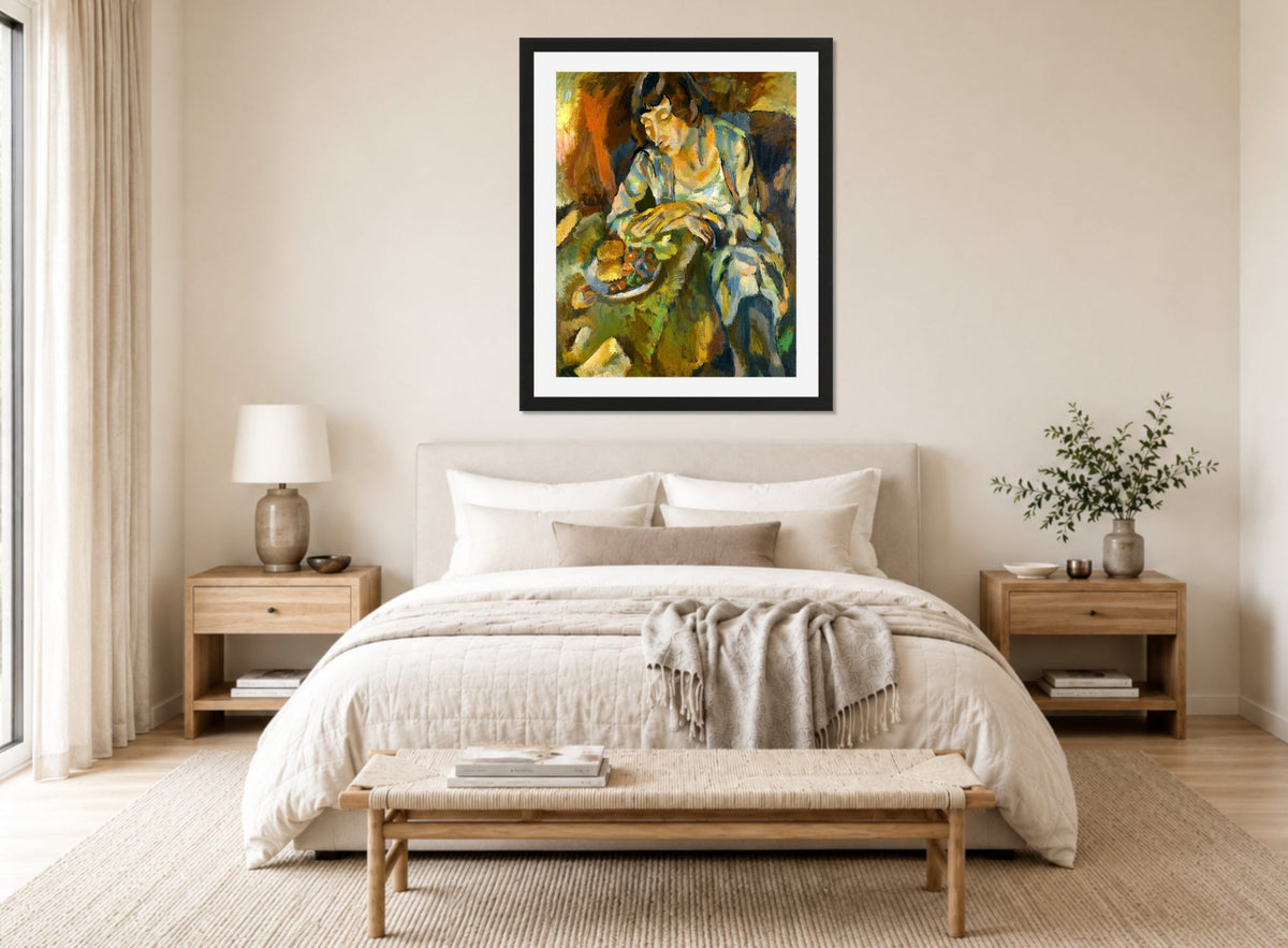 Jules Pascin Print, Hermine Aux Fruits (1919) displayed above a bed