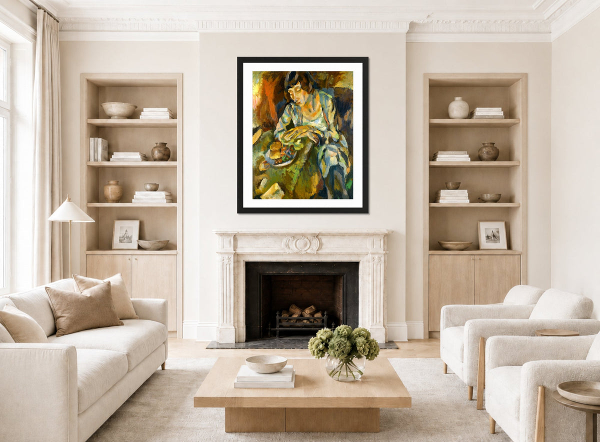 Jules Pascin Print, Hermine Aux Fruits (1919) displayed in a Scandinavian living room