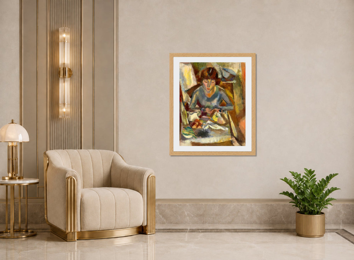 Jules Pascin Print, Hermine David Devant La Table (1918) displayed in an Art Deco interior