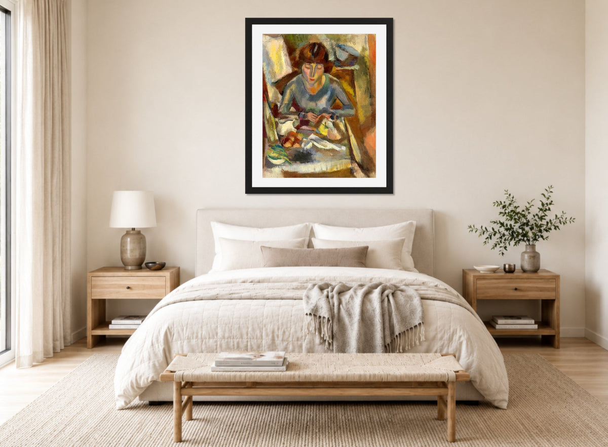 Jules Pascin Print, Hermine David Devant La Table (1918) displayed above a bed