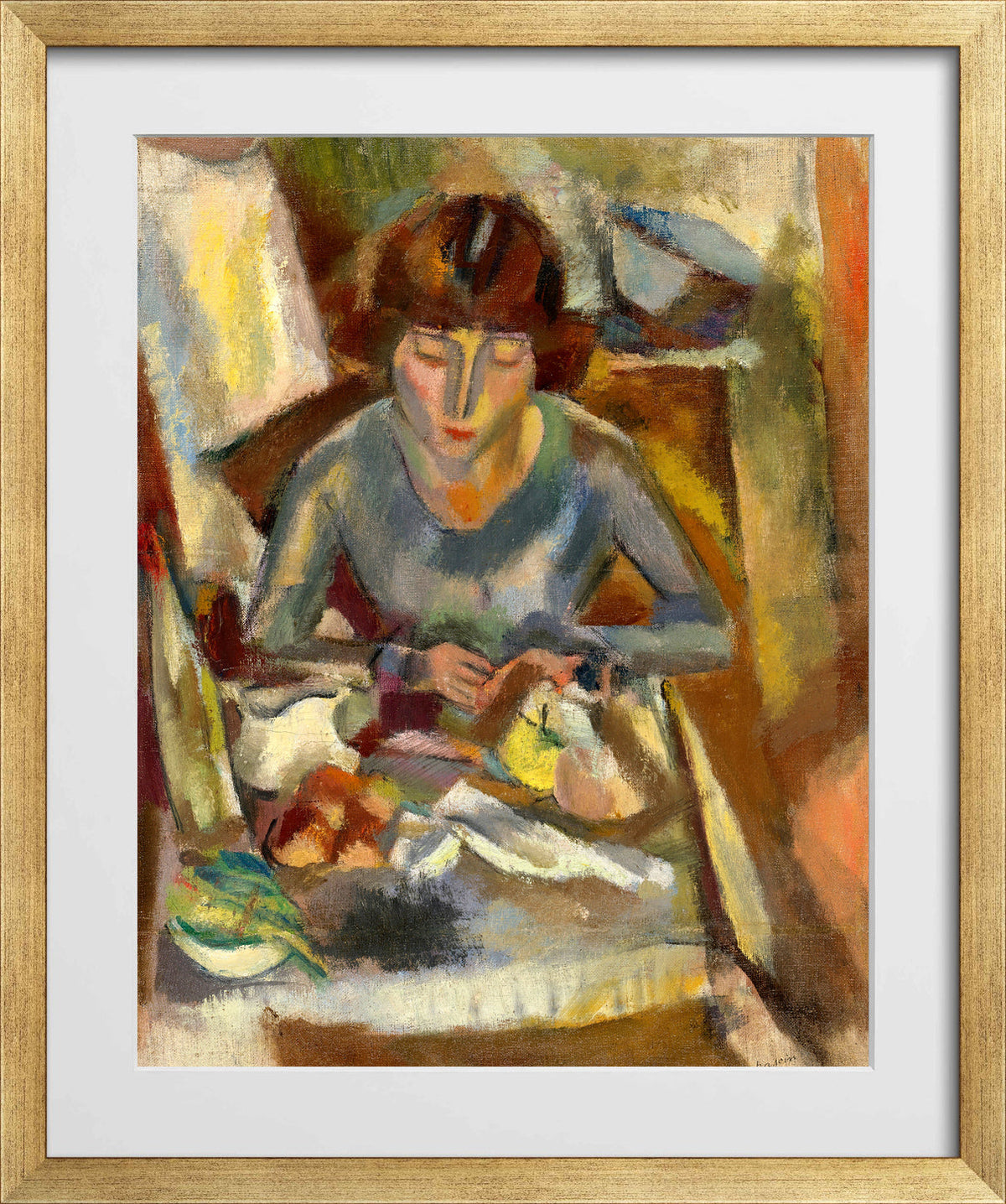 Jules Pascin Print, Hermine David Devant La Table (1918) in a gold frame