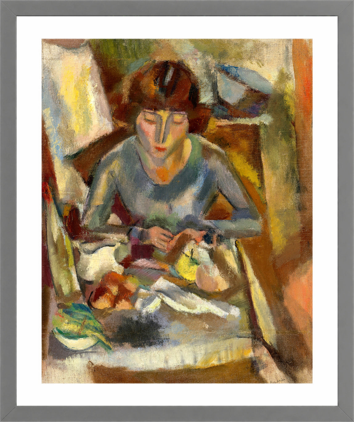 Jules Pascin Print, Hermine David Devant La Table (1918) in a light grey frame