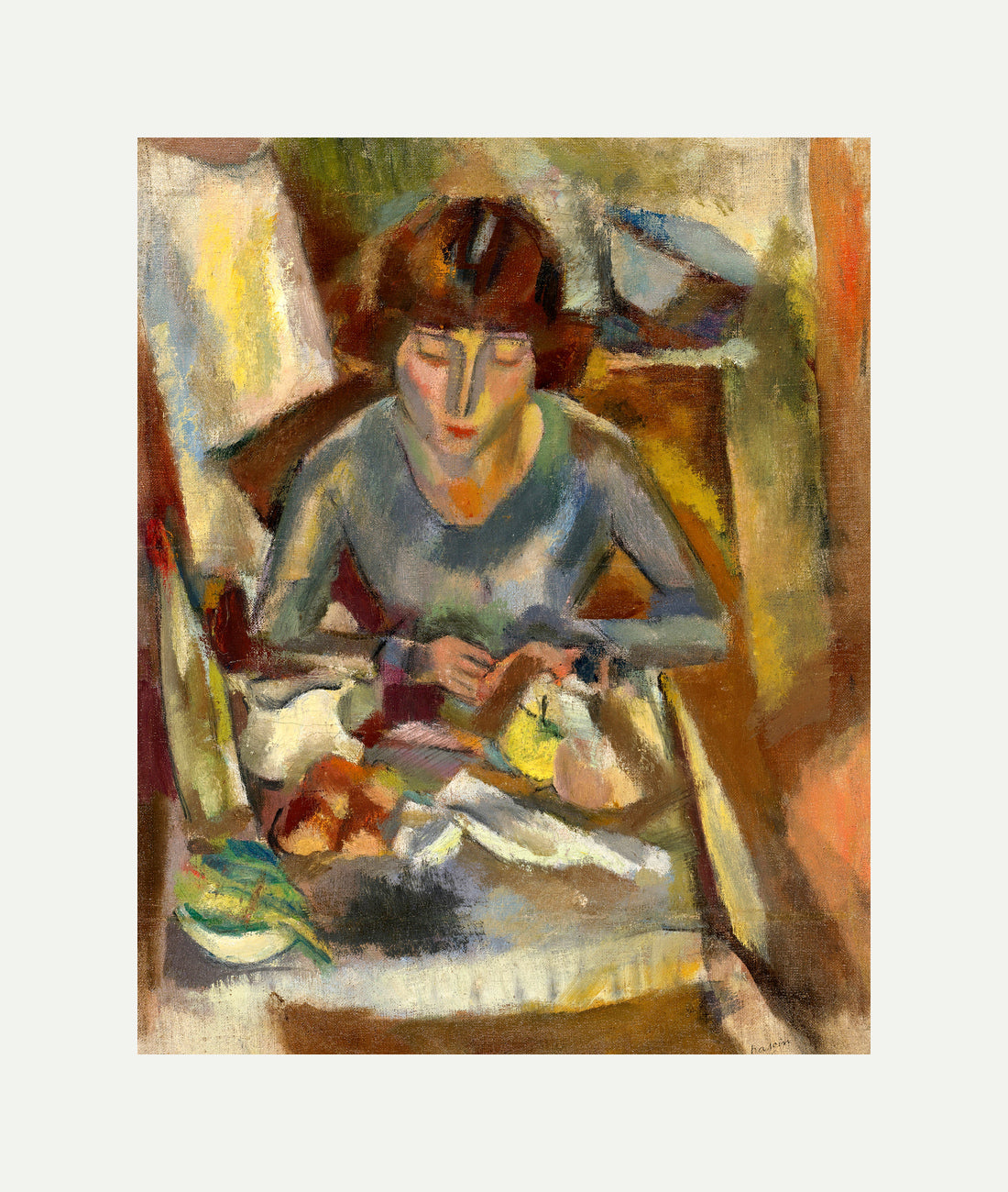Jules Pascin Print, Hermine David Devant La Table (1918) with an off-white border for rolled canvas
