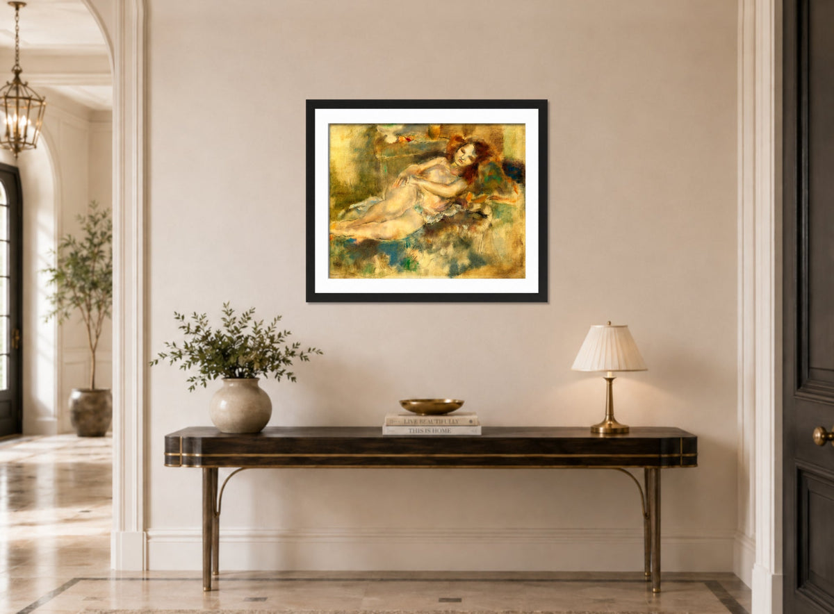Jules Pascin Print, La Danseuse assoupie (1929) displayed above a console table