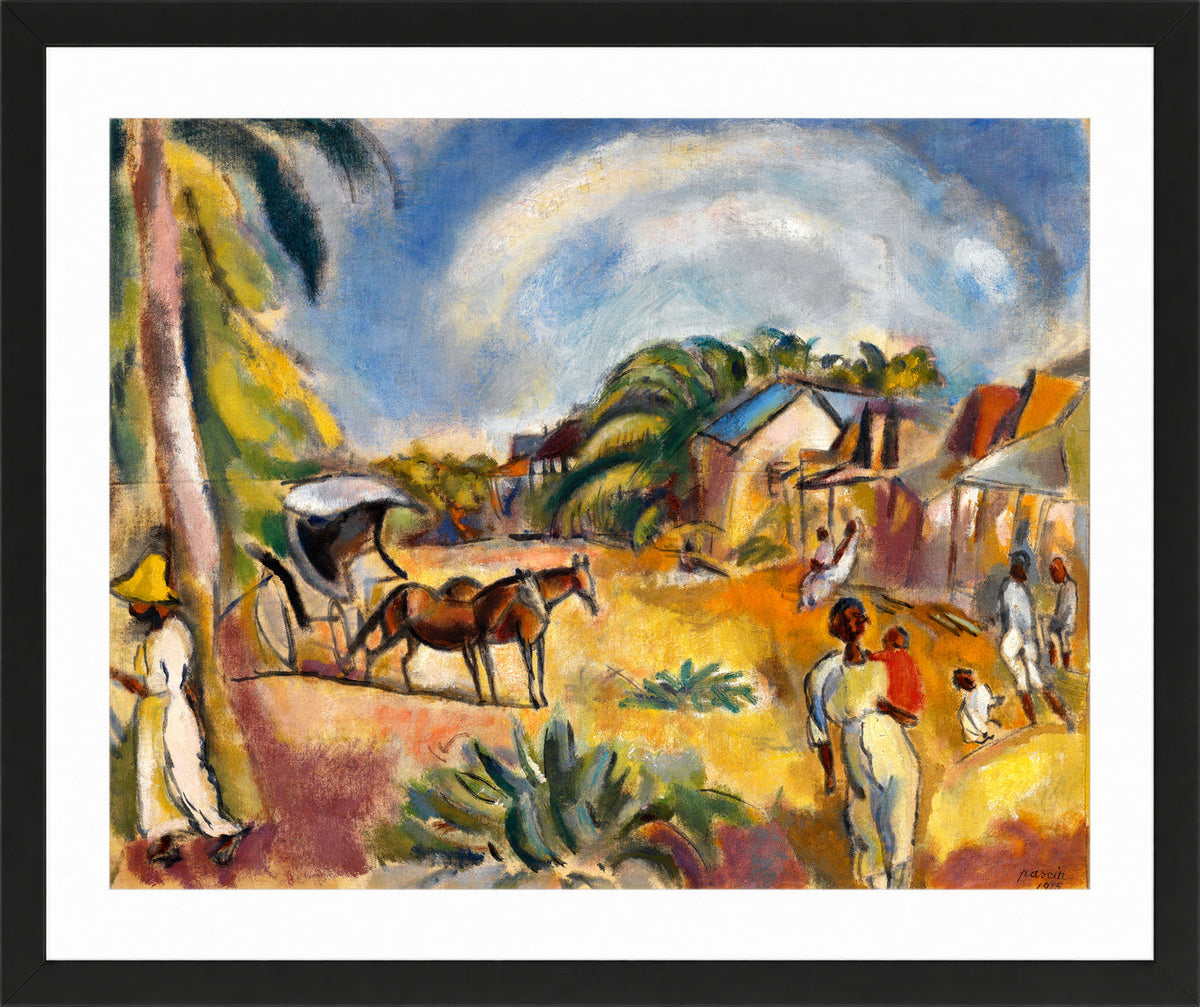 Jules Pascin Print, Landscape with Figures and Carriage (1915) in a black frame