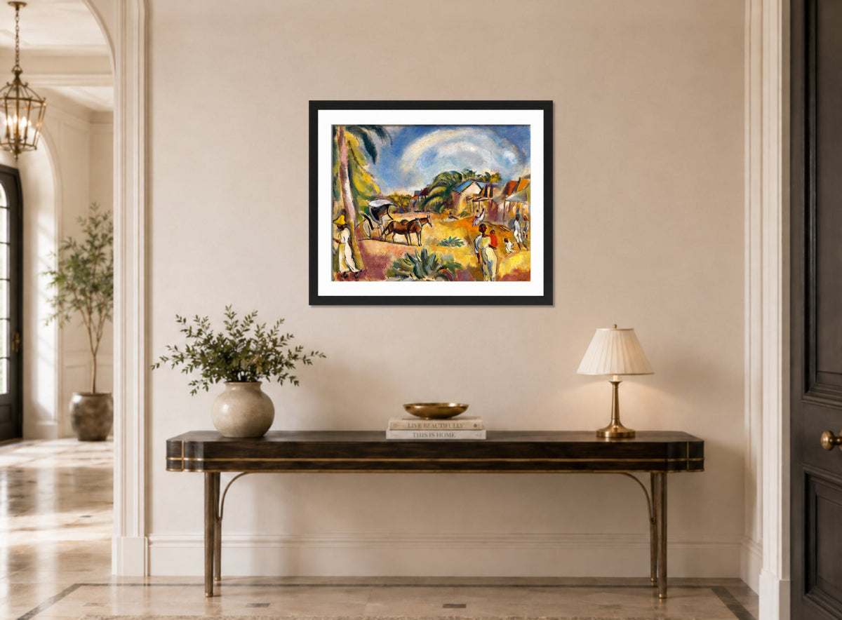 Jules Pascin Print, Landscape with Figures and Carriage (1915) displayed above a console table