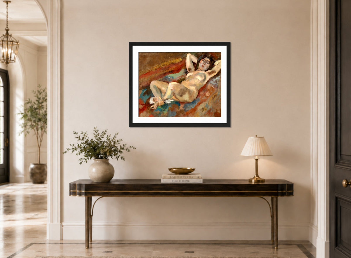 Jules Pascin Print, Nu allongé (1921) displayed above a console table