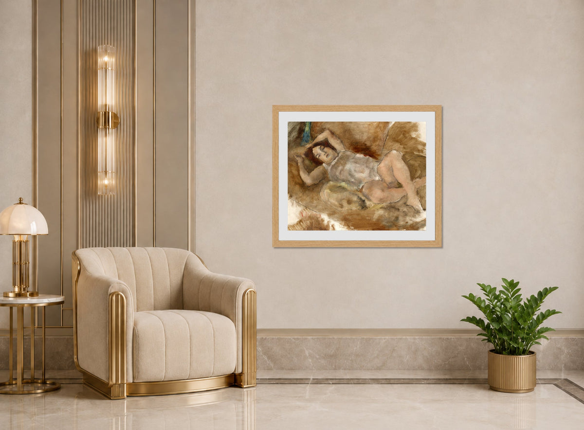 Jules Pascin Print, Nu allongé (1929) displayed in an Art Deco interior