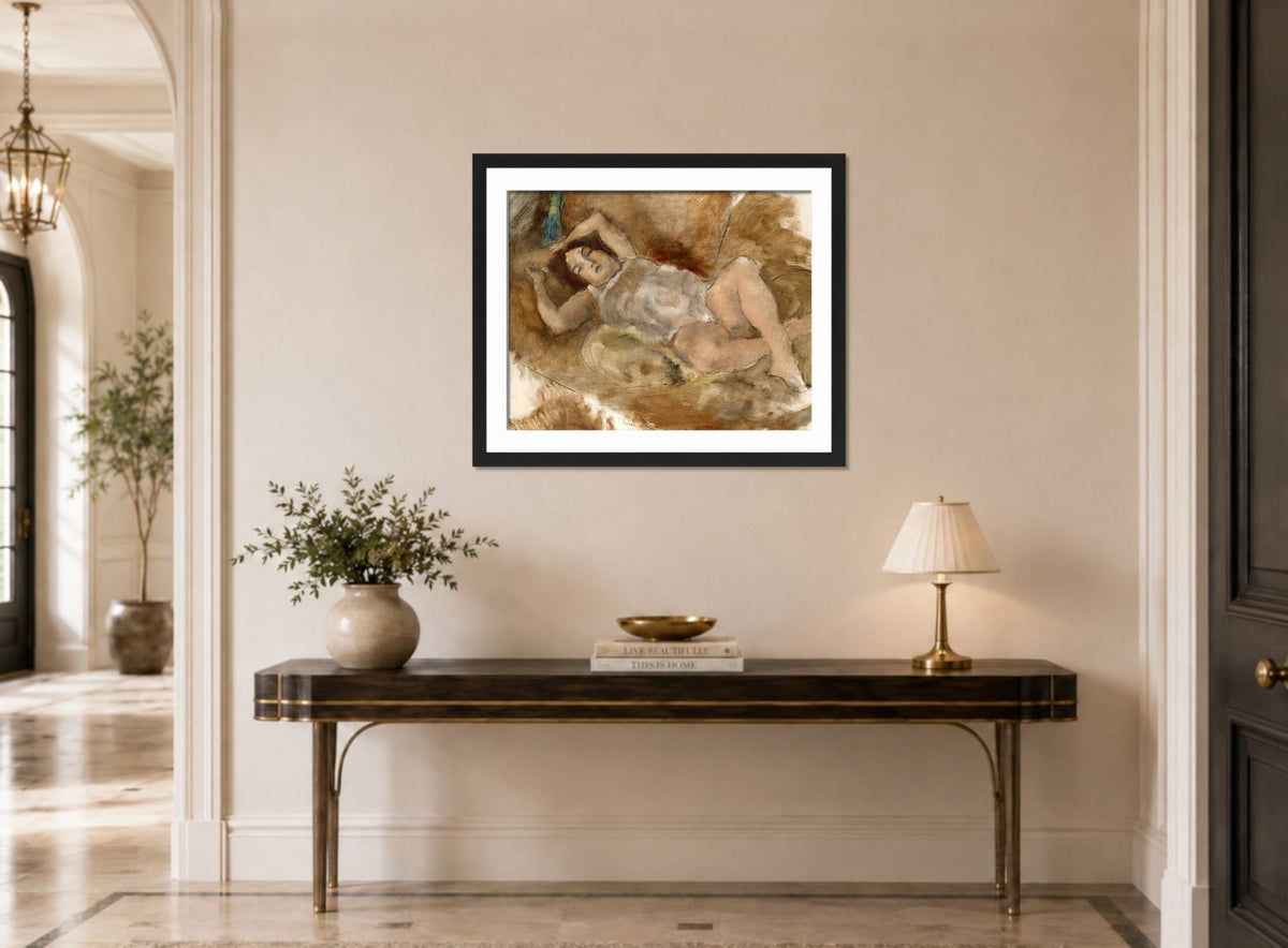 Jules Pascin Print, Nu allongé (1929) displayed above a console table