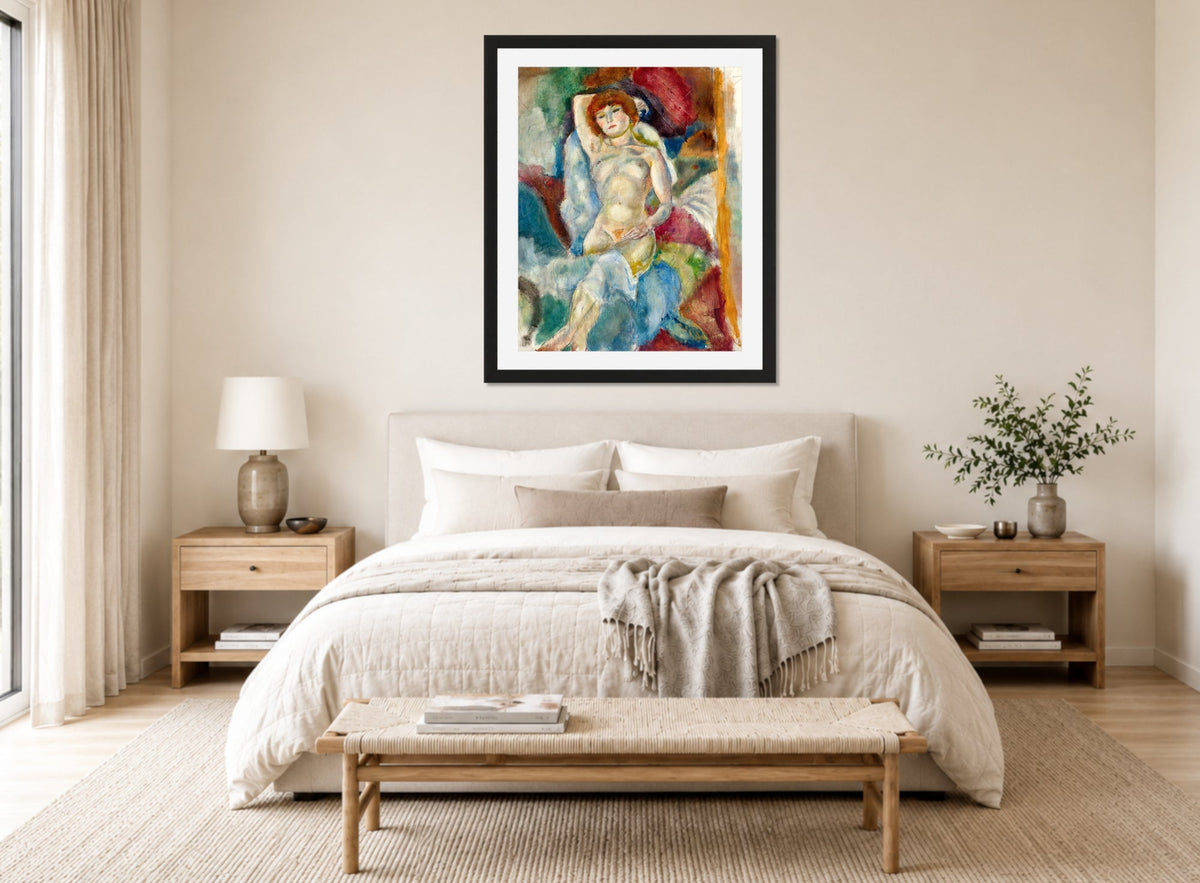 Jules Pascin Print, Nu, Le Bras Levé (1916) displayed above a bed