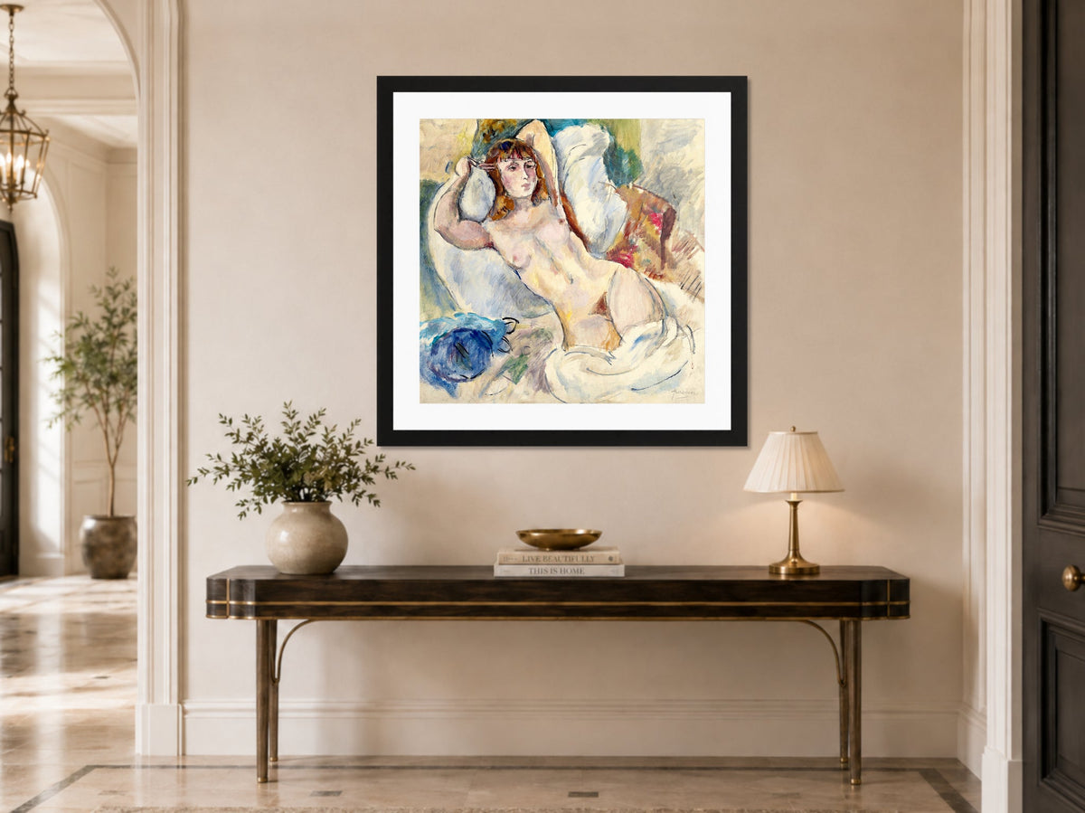 Jules Pascin Print, Nu sur un divan (1920) displayed above a console table