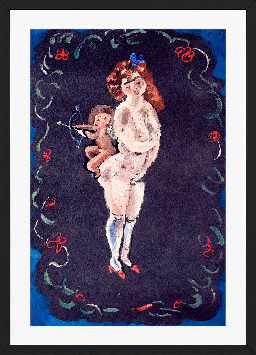 Jules Pascin Print, Nude and Cupid in a black frame