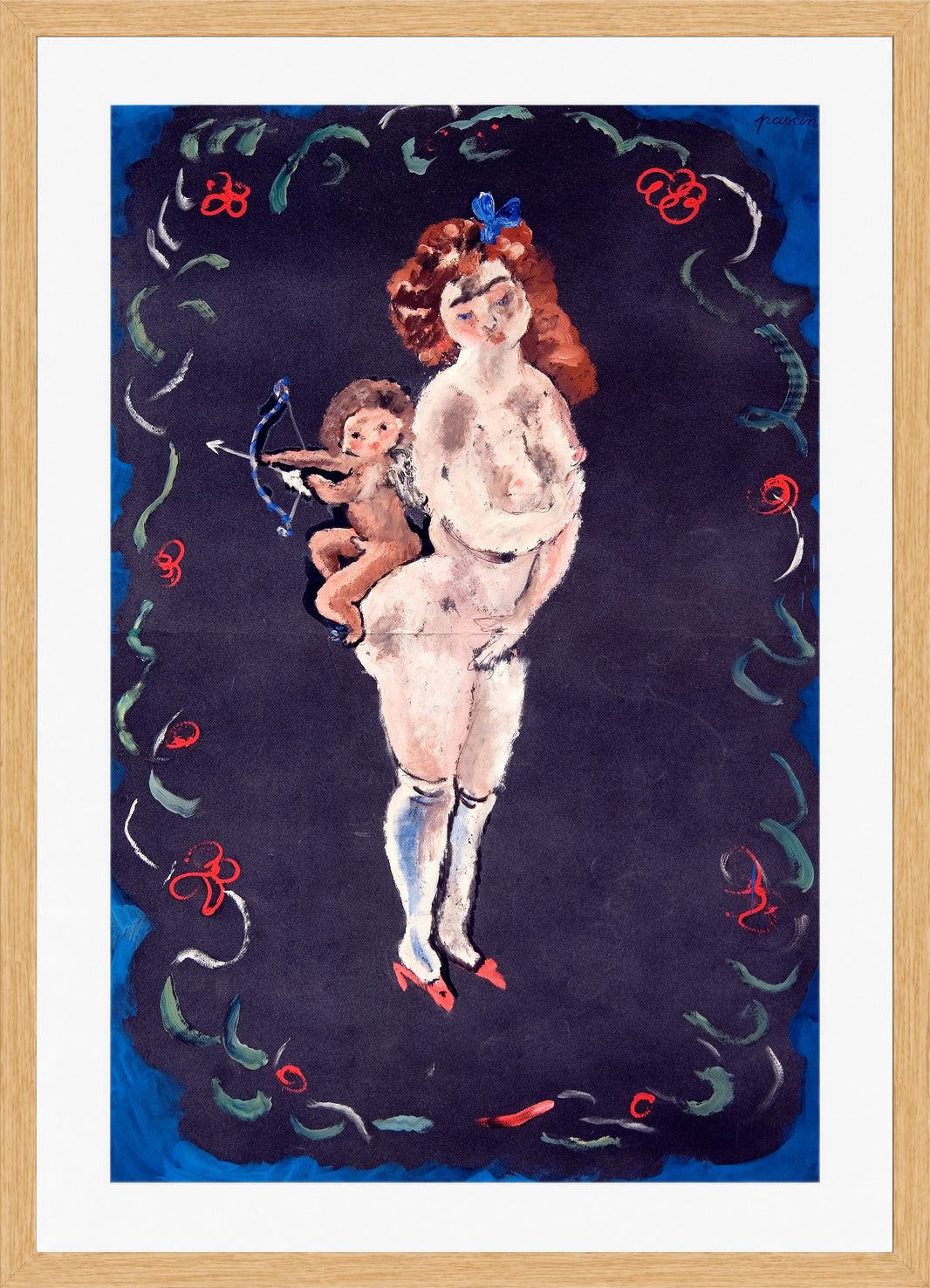 Jules Pascin Print, Nude and Cupid in an oak frame