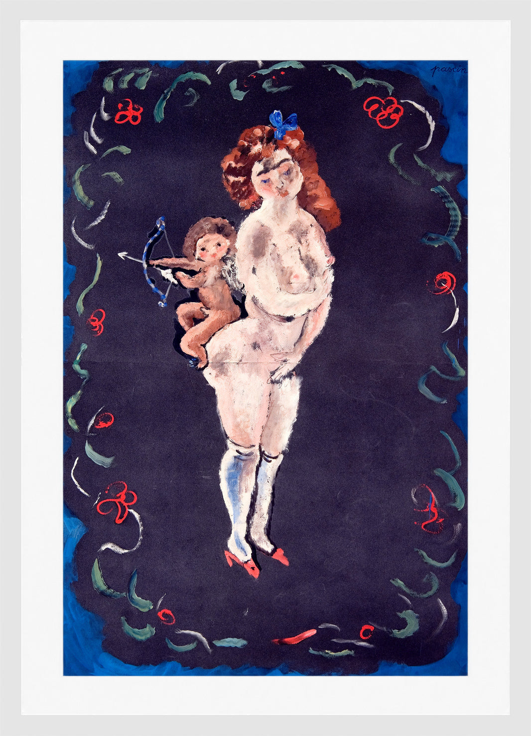 Jules Pascin Print, Nude and Cupid in a white frame