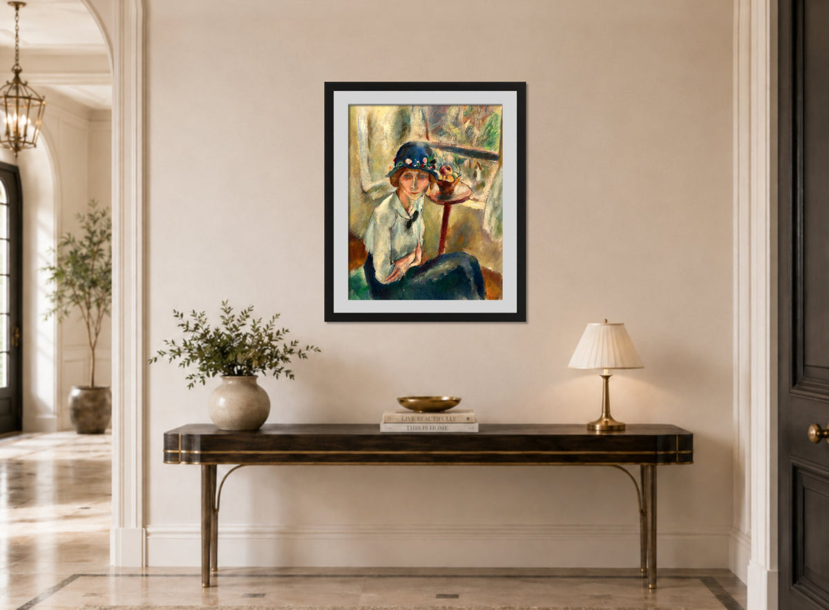 Jules Pascin Print, Portrait d’Hermine David (1916) displayed above a console table
