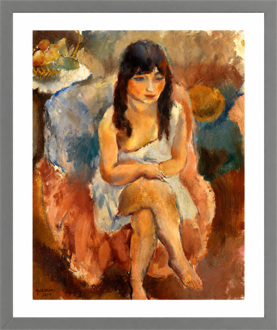 Jules Pascin Print, Seated Figure (Jeune fille assise) (1914) in a light grey frame