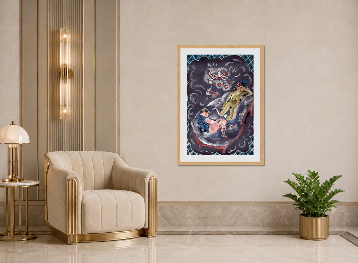 Jules Pascin Print, Two Figures and Cupid displayed in an Art Deco interior
