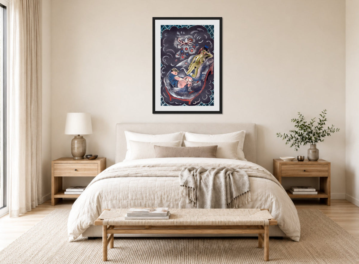 Jules Pascin Print, Two Figures and Cupid displayed above a bed