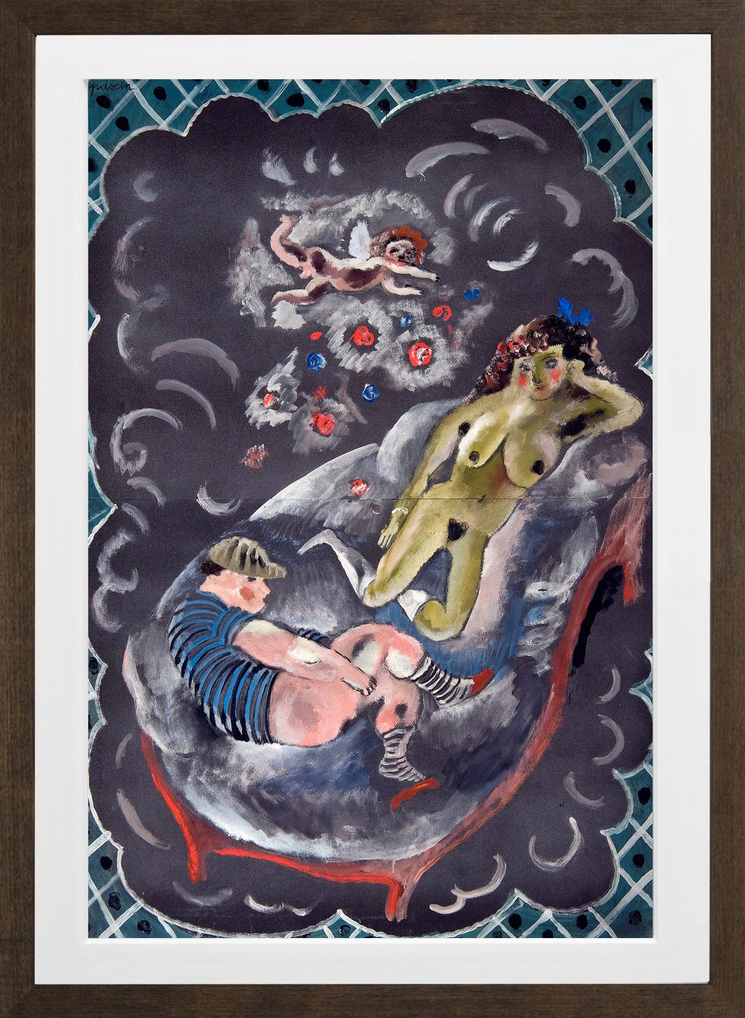 Jules Pascin Print, Two Figures and Cupid in a brown frame