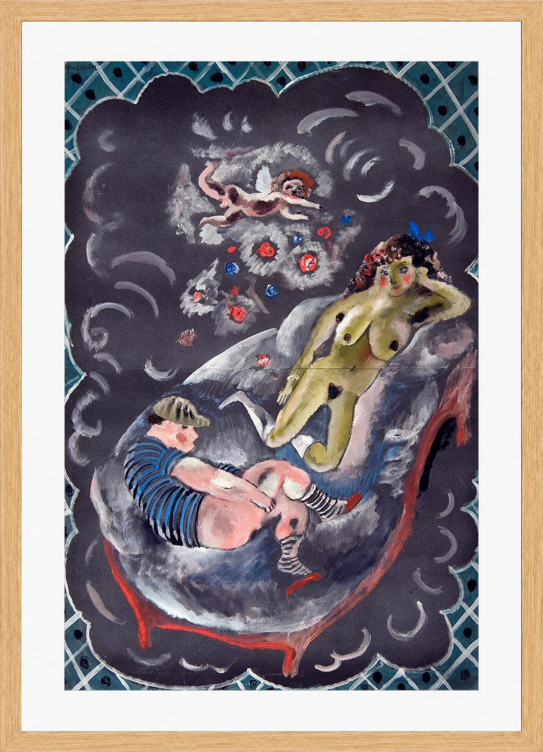 Jules Pascin Print, Two Figures and Cupid in an oak frame