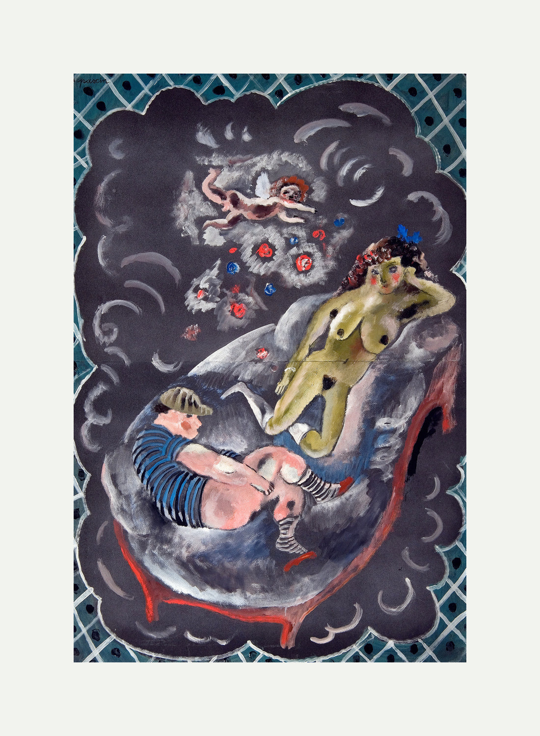 Jules Pascin Print, Two Figures and Cupid with an off-white border for rolled canvas