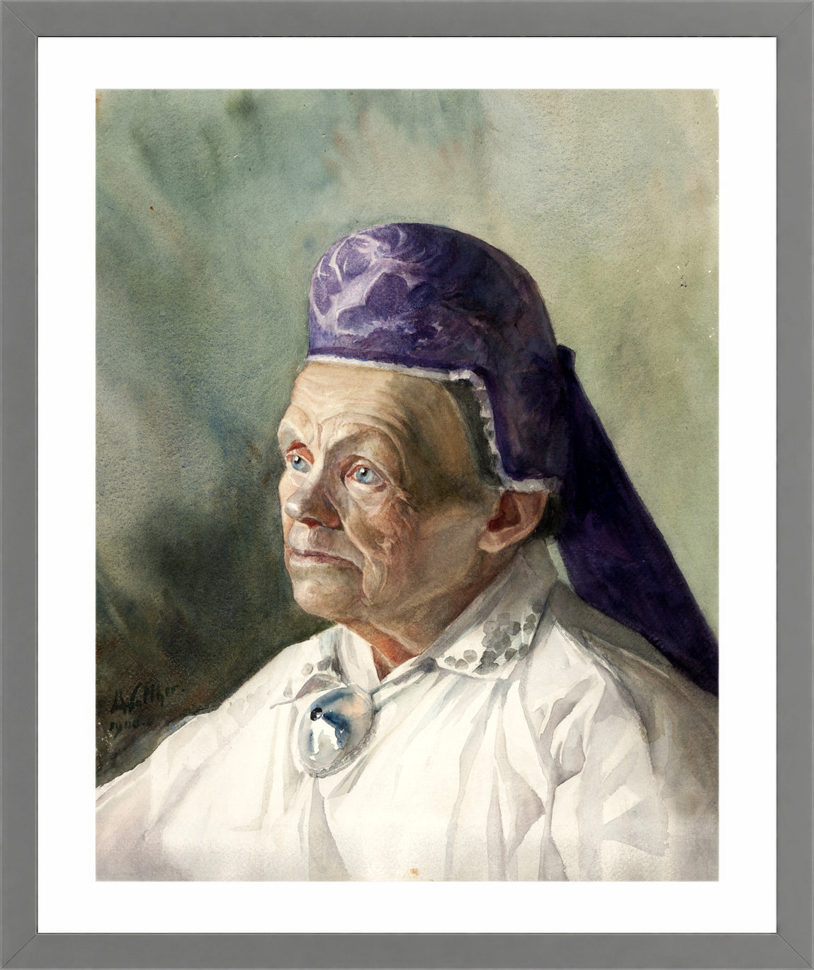 Portrait of a Woman in a Bonnet (1900) by Konrad Mägi — light grey frame