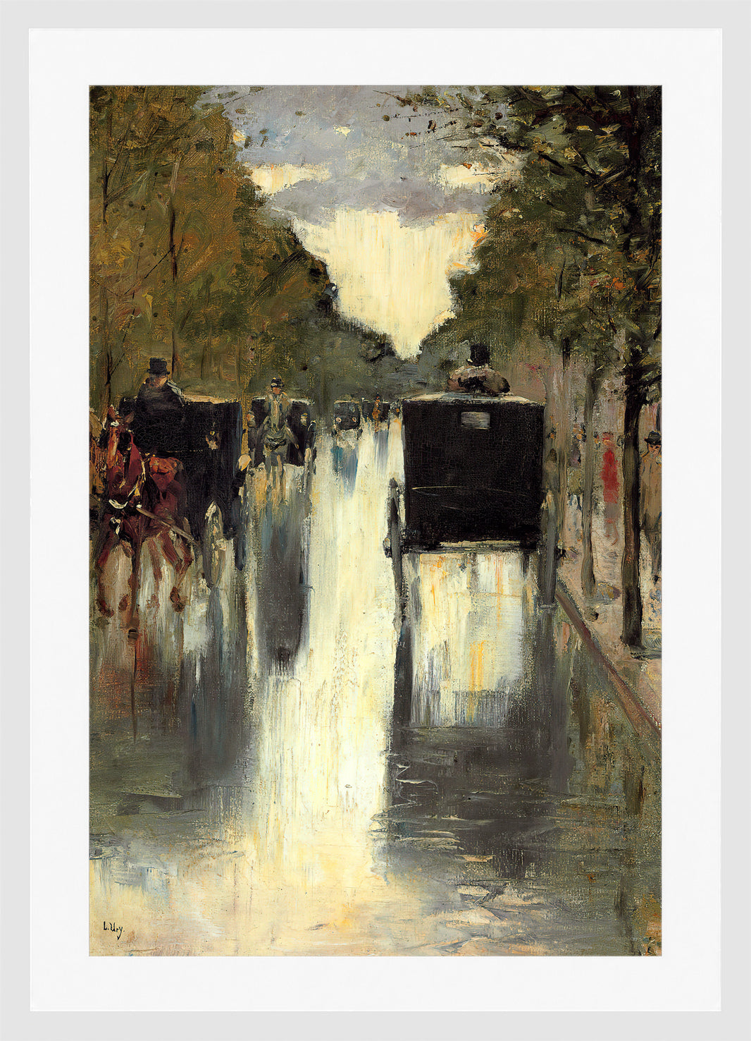 Berlin Street Scene with Horse-Drawn Cabs by Lesser Ury — white frame