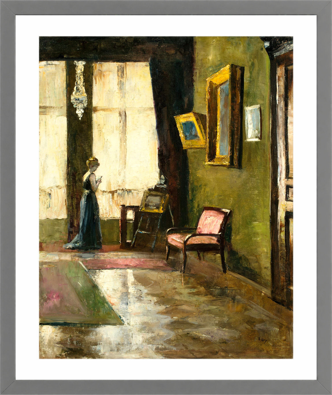 Woman by a Window and Easel (1910) by Lesser Ury — light grey frame