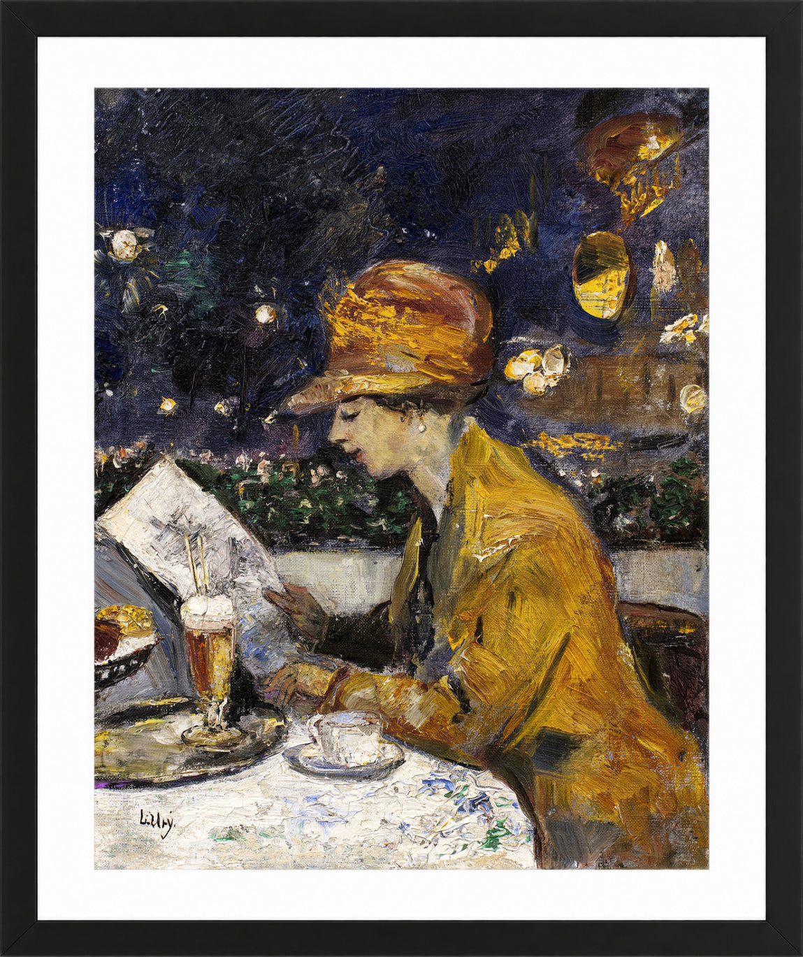 Lady in a Yellow Dress at Café Bauer (1910) by Lesser Ury — black frame