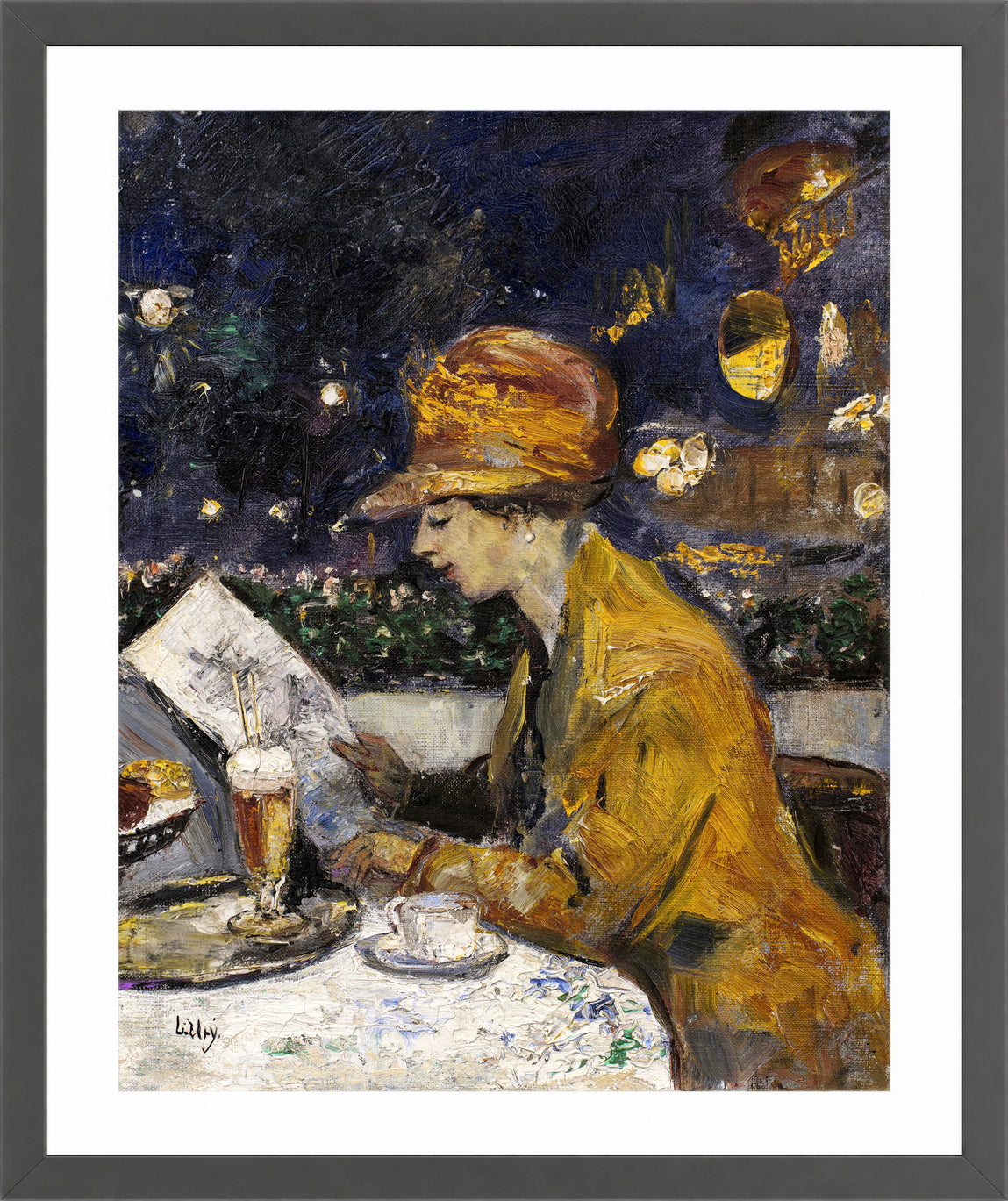 Lady in a Yellow Dress at Café Bauer (1910) by Lesser Ury — dark grey frame