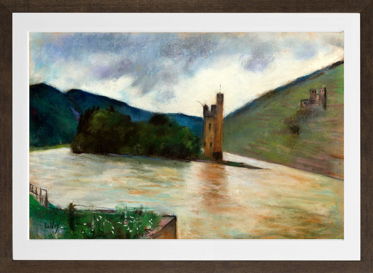The Mouse Tower near Bingen and Ehrenfels Castle (1924) by Lesser Ury — brown frame