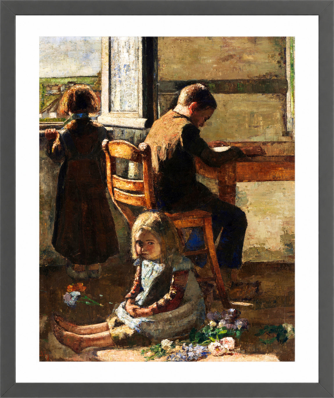 The Siblings, Interior with Children (1883) by Lesser Ury — dark grey frame