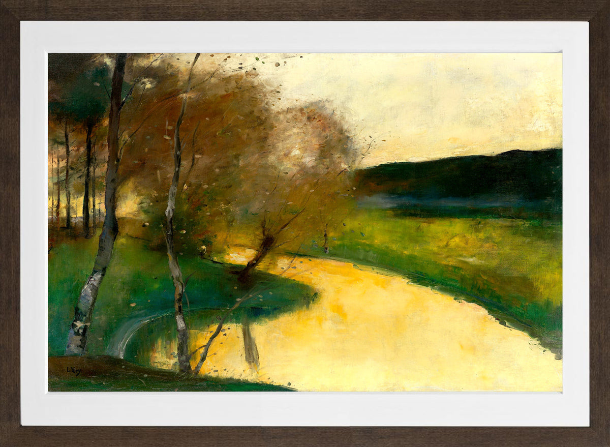 Autumn Stream in Evening Light, Thuringia (c. 1900–1910) by Lesser Ury — brown frame