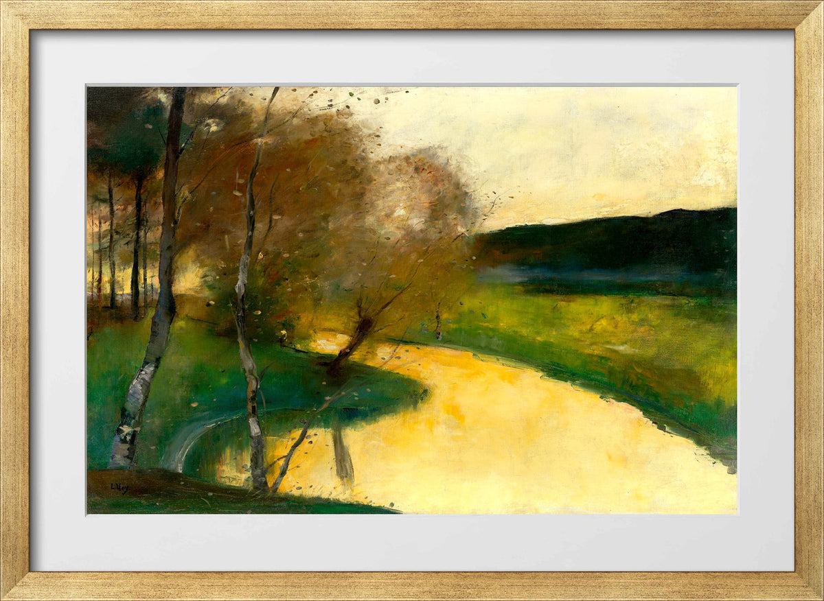 Autumn Stream in Evening Light, Thuringia (c. 1900–1910) by Lesser Ury — gold frame