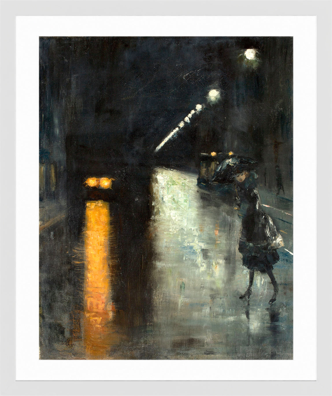 Berlin Street Scene at Night (c. 1915–1920) by Lesser Ury — white frame