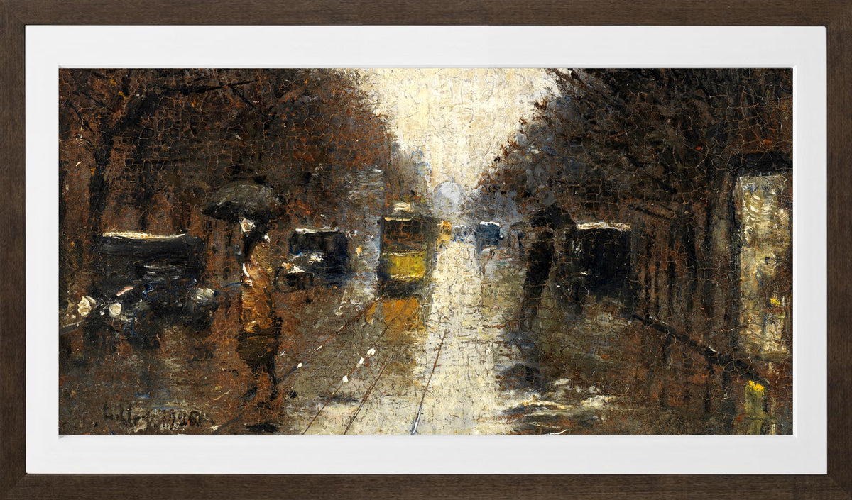 Berlin Street Scene in the Rain (1926) by Lesser Ury — brown frame