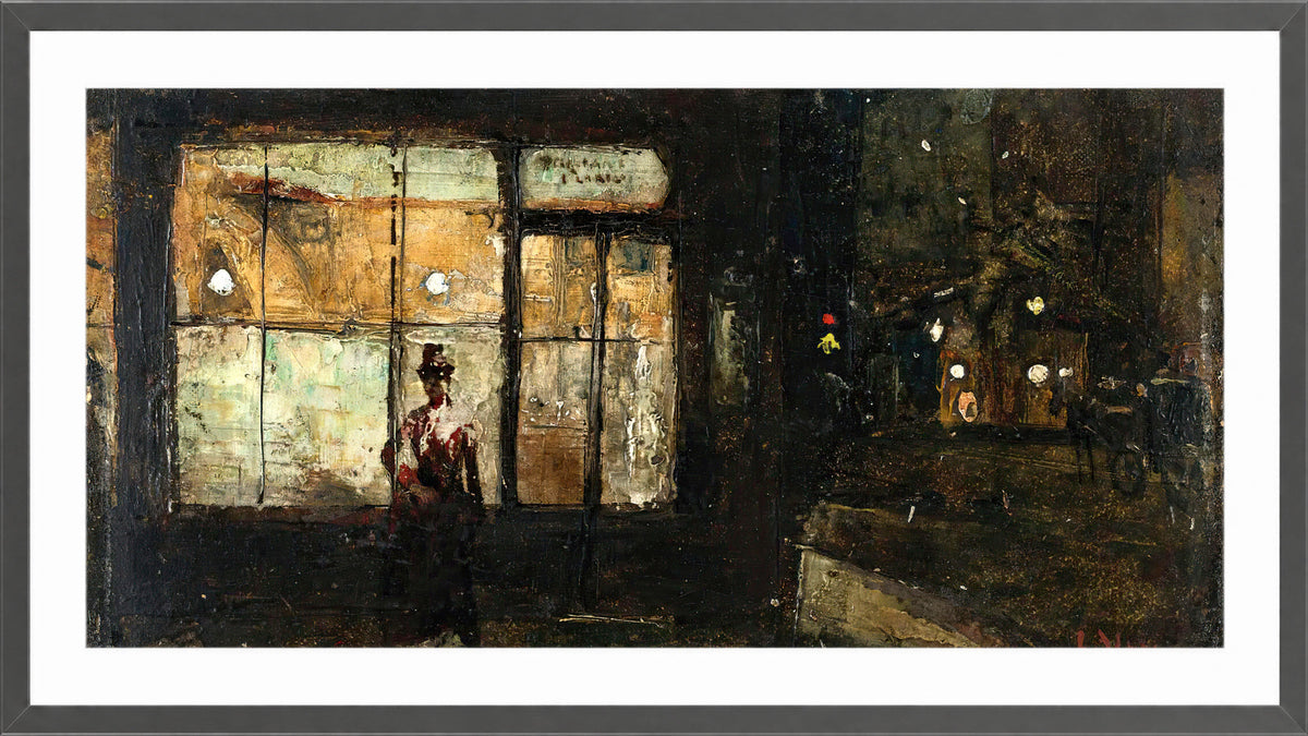 The Illuminated Shop Window at Night (1881) by Lesser Ury — dark grey frame