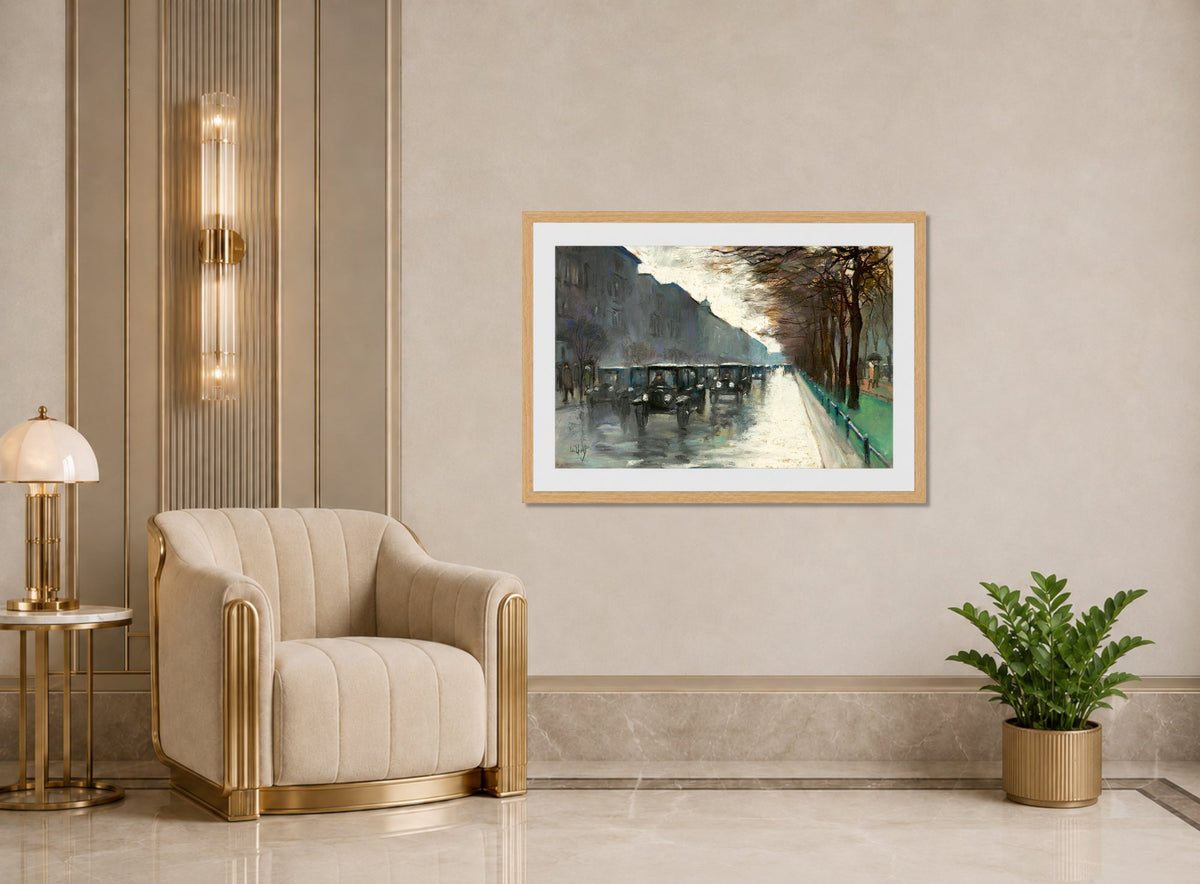 Unter den Linden with Cabs in the Rain (1920s) by Lesser Ury — art deco roomset