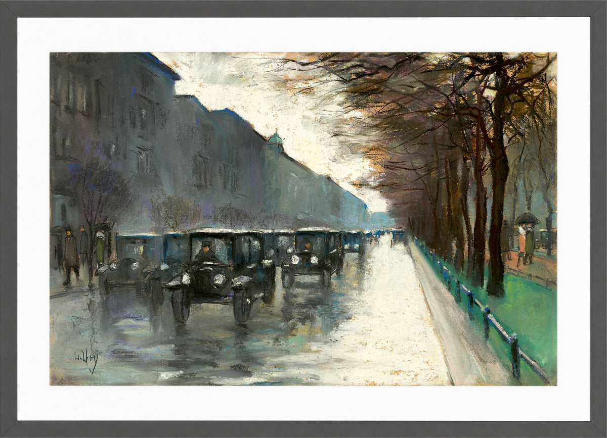 Unter den Linden with Cabs in the Rain (1920s) by Lesser Ury — dark grey frame