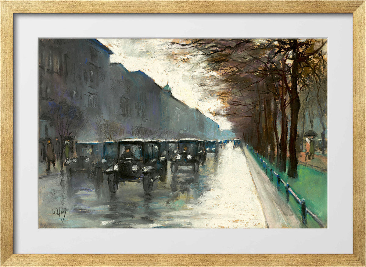 Unter den Linden with Cabs in the Rain (1920s) by Lesser Ury — gold frame