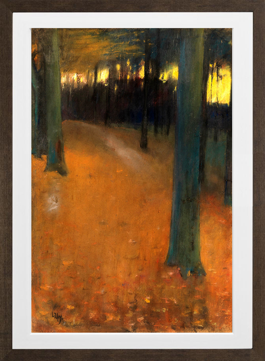 Woodland in Evening Light (1890) by Lesser Ury — brown frame