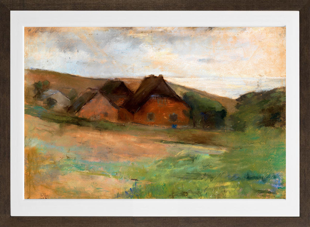Meadow Landscape with Farmhouses (1889) by Lesser Ury — brown frame