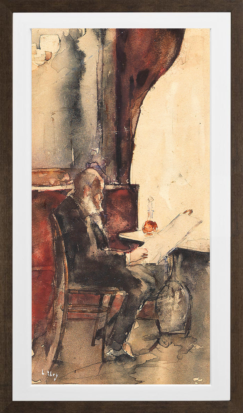 Newspaper Reader in a Café (1880) by Lesser Ury — brown frame