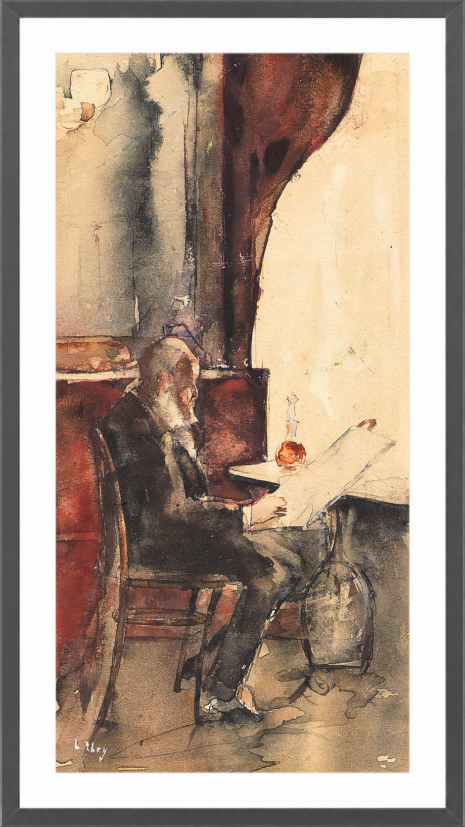 Newspaper Reader in a Café (1880) by Lesser Ury — dark grey frame