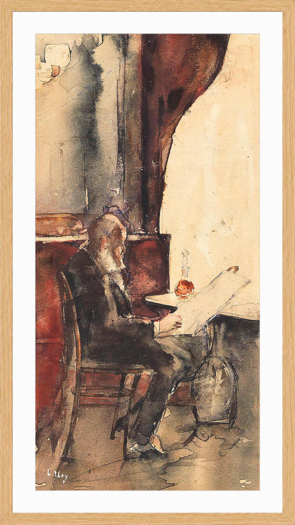 Newspaper Reader in a Café (1880) by Lesser Ury — oak frame