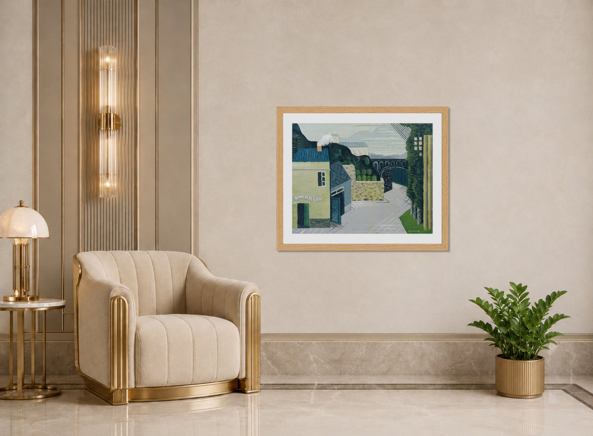 Louis Marcoussis Print, City with viaduct (1930) displayed in an Art Deco interior